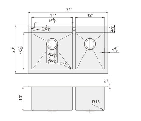 Topmount Kitchen Sink With Drainboard 33''X20''X10'' For Bathroom