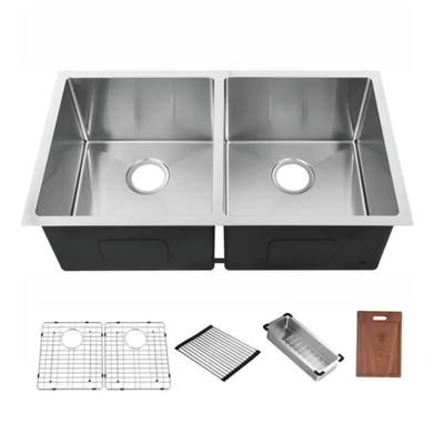Popular 304 aço inoxidável Double Bowl cozinhas Lavatórios Multifuncional Lavatório Com Acessórios
